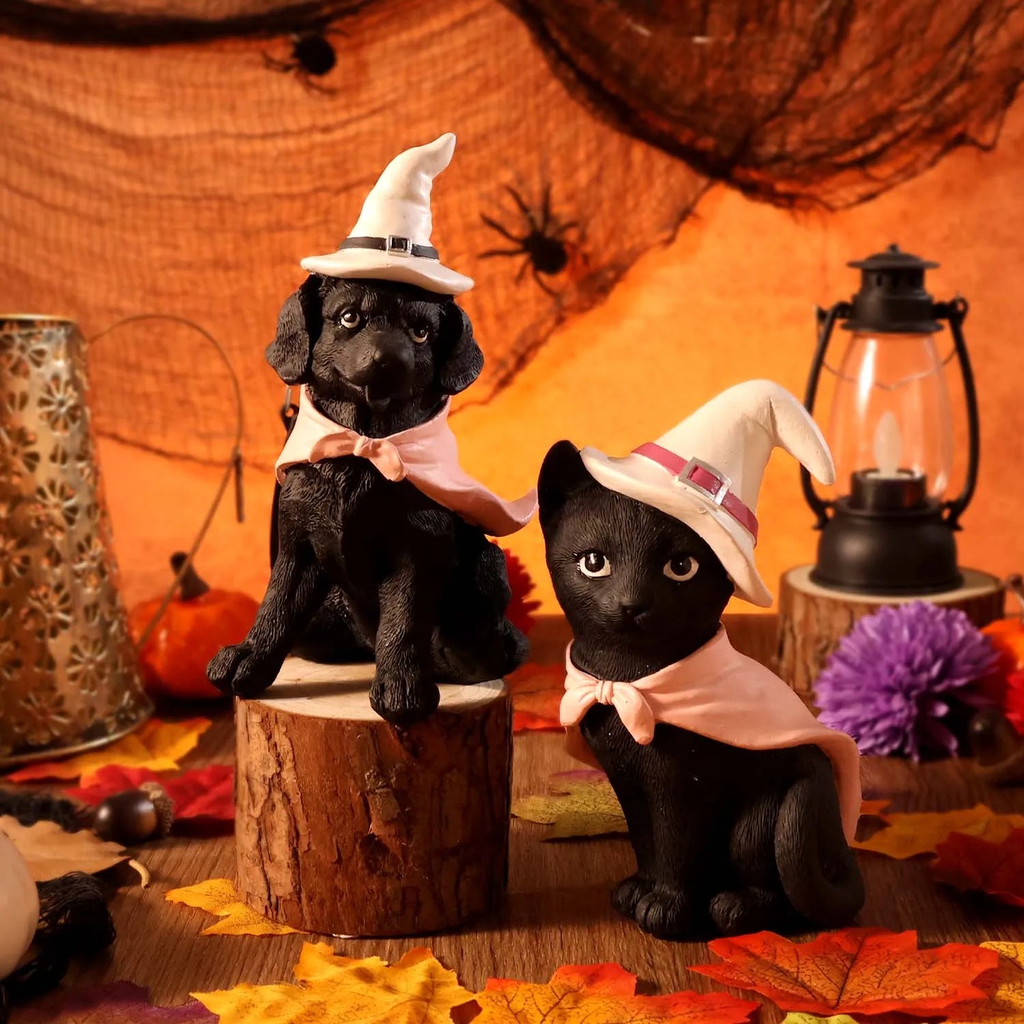 2pc Halloween Witch Hat, Black Cat and Dog Pet Figurine Set