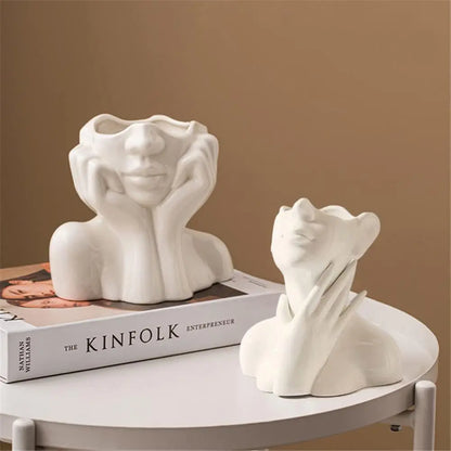 Unique White Flower Ceramic Female Face Vase