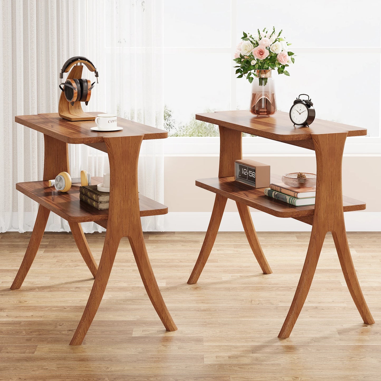 Walnut Side Table with 2-Tier Storage Shelf and Solid Wood Legs