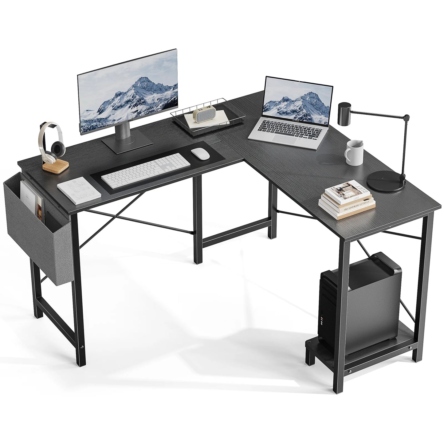 50" Corner Wooden Table with CPU Storage Shelf & Side Bag