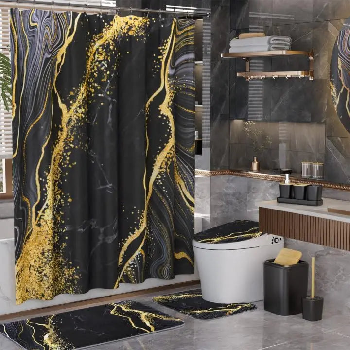 Black and Gold Waterproof Shower Curtain Set w/Non-Slip Rugs