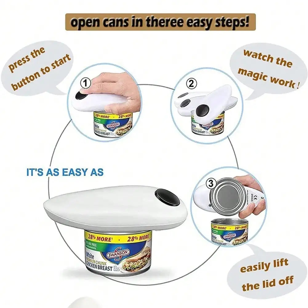 One-Touch Automatic Electric Can Opener, battery-powered and portable. It features one-touch operation with smooth safe edge, no sharp burrs. This practical kitchen tool easily opens various cans, jars and bottles for daily h