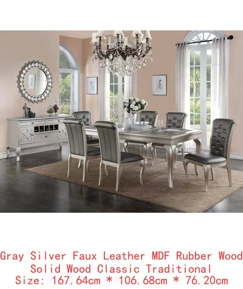 7pc Rect. Glass Dining Table, Silver Hue, 6 Tufted Side Chairs