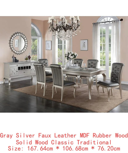 7pc Rect. Glass Dining Table, Silver Hue, 6 Tufted Side Chairs