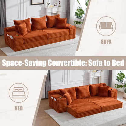 Oversized Boneless Four Seat Sofa w/ 3 Pillows, Cup Holder and Side Pockets