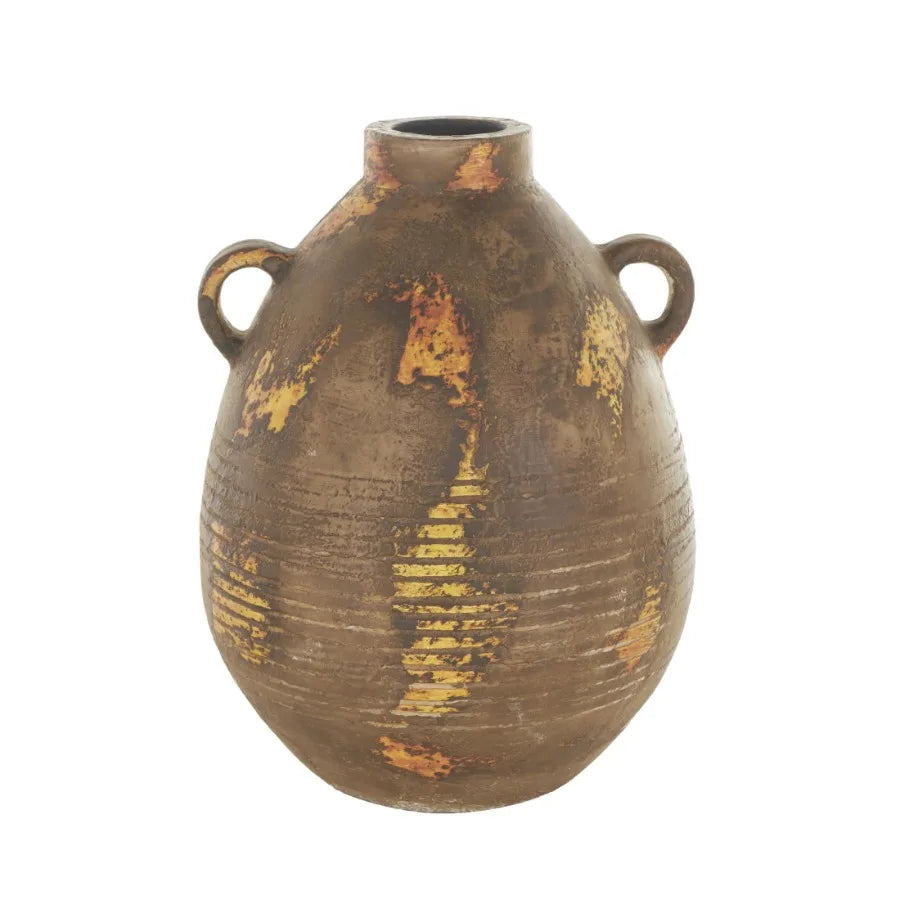 15" Grooved Antique Style Distressed Brown Ceramic Vase w/Handles