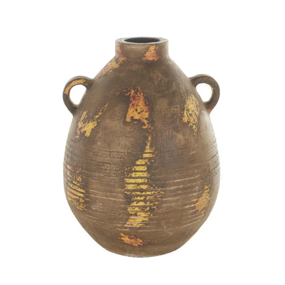 15" Grooved Antique Style Distressed Brown Ceramic Vase w/Handles