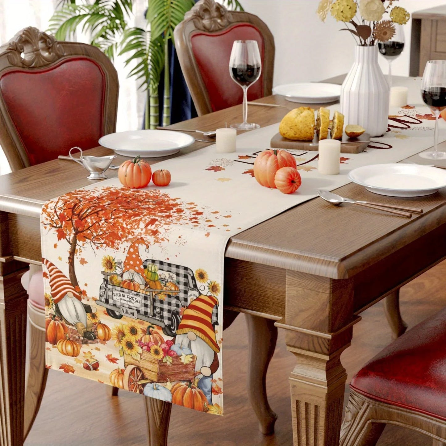 1pc Thanksgiving Table Runner, Gnomes Pumpkin Sunflower Truck Buffalo Plaid Fall