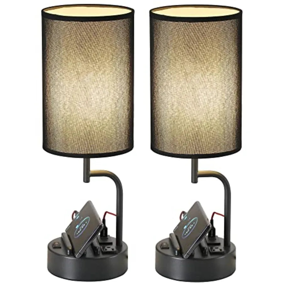 Table Lamp Set with 3 USB Charging Ports, AC Outlet and Phone Stands