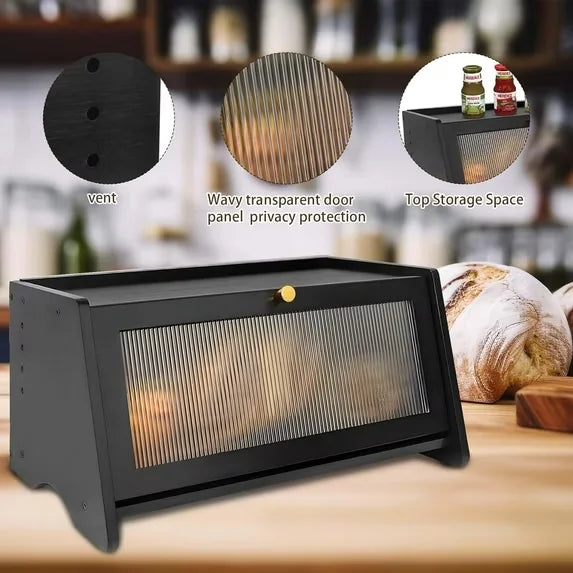 Large Black Bamboo Bread Box with Window & Air Vents