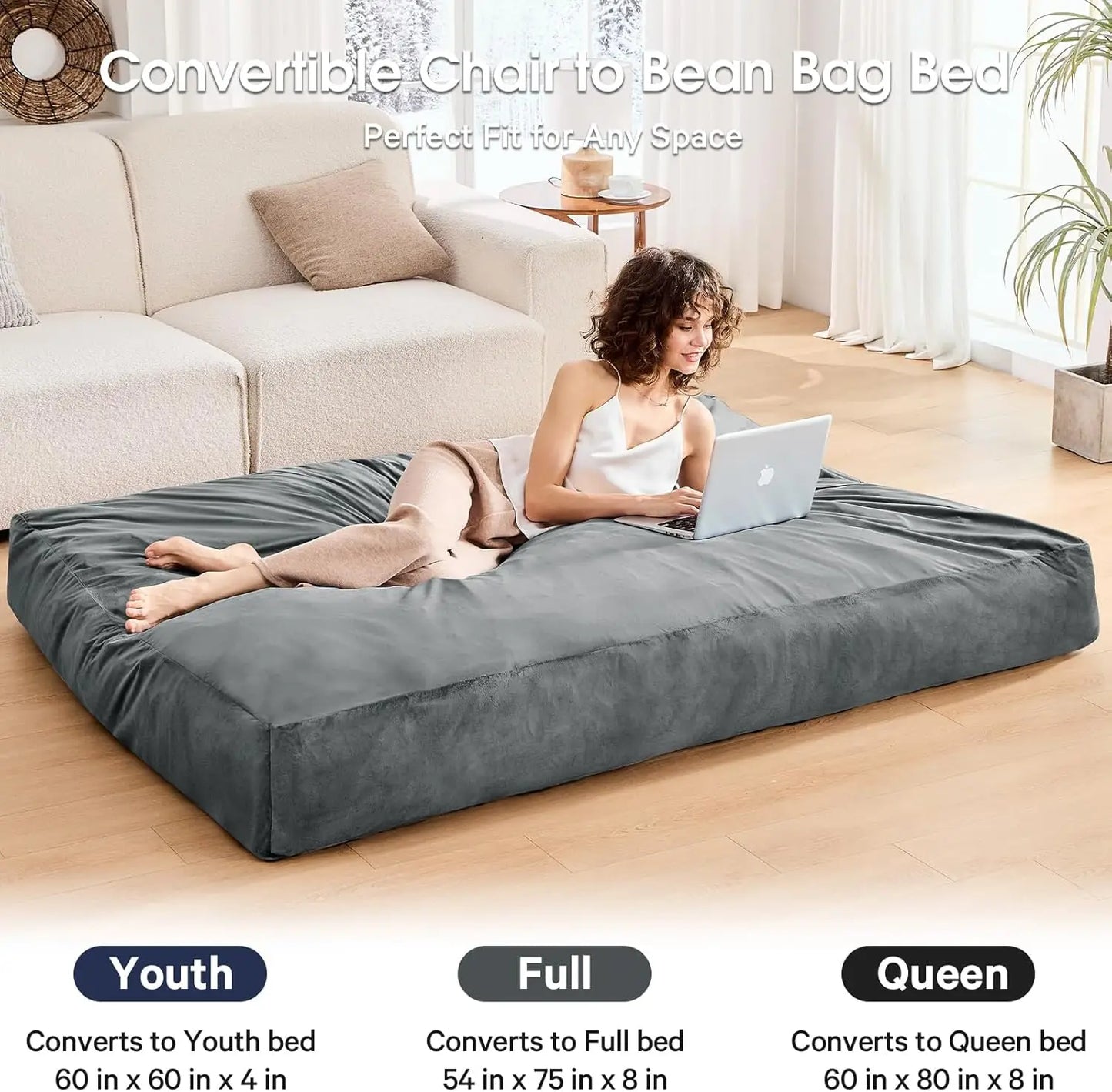 Convertible Bean Bag Chair to Bed, Microfiber Cover w/Foam Filler