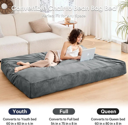 Convertible Bean Bag Chair to Bed, Microfiber Cover w/Foam Filler