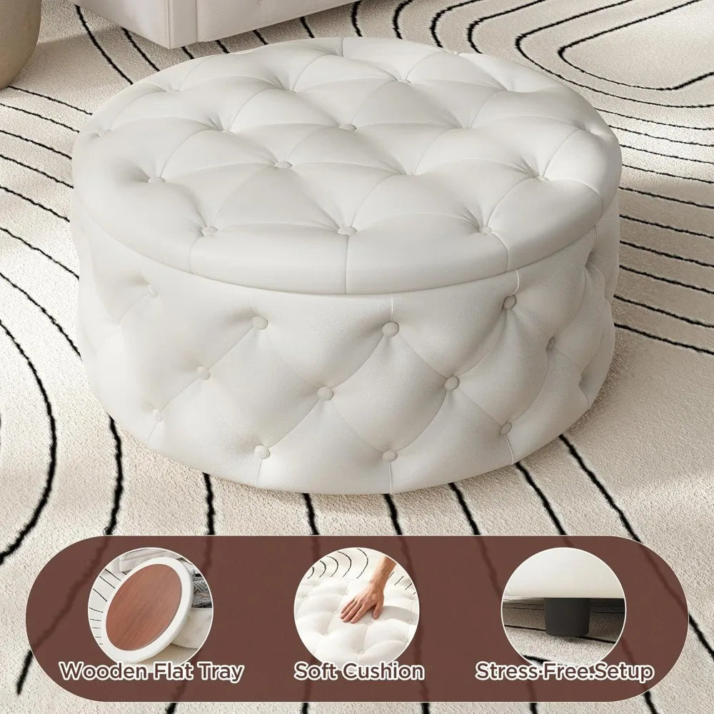 30 Inch Round Storage Ottoman, Coffee Table, Footstool